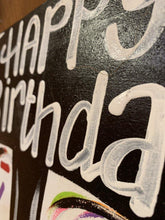 Load image into Gallery viewer, Happy Birthday Decor- Cupcake Cake- Chalkboard - Bright colors - Teacher gift - wood cut out hand painted door hanger - DoorBadges