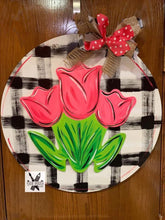 Load image into Gallery viewer, Flower door hanger, spring tulip flower, summer flower wood cut out hand painted door hanger - DoorBadges