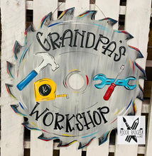 Load image into Gallery viewer, Workshop sign - Dad - Father - Grandpa - wood cut out hand painted door hanger - DoorBadges