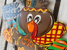 Load image into Gallery viewer, Turkey Door Hanger- Thanksgiving Pilgrim Door Decor-Turkey-Fall-Wreath-wood cut out-hand painted door hanger - DoorBadges