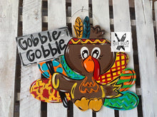 Load image into Gallery viewer, Turkey Door Hanger- Thanksgiving Pilgrim Door Decor-Turkey-Fall-Wreath-wood cut out-hand painted door hanger - DoorBadges