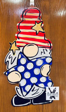 Load image into Gallery viewer, Gnome 4th of July Door Hanger - Patriotic- Red White Blue wood cut out hand painted personalized door hanger - DoorBadges