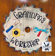 Load image into Gallery viewer, Workshop sign - Dad - Father - Grandpa - wood cut out hand painted door hanger - DoorBadges