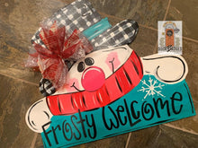 Load image into Gallery viewer, Snowman Winter Door Hanger, Winter Christmas Snow Sign - hand painted wood door hanger - DoorBadges
