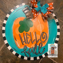 Load image into Gallery viewer, Fall Pumpkin Door Hanger - Hello Fall Pumpkin Decor  -  Fall Door Hanger - Pumpkin Wreath - DoorBadges