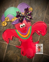 Load image into Gallery viewer, Mardi Gras Door Hanger - Mardi Gras Crawfish door Decor -Mardi Gras wreath - hand painted personalized door hanger - DoorBadges