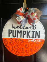 Load image into Gallery viewer, Hello Pumpkin Round Door Hanger - Hello Fall Pumpkin Decor  -  Fall Door Hanger - Pumpkin Wreath - DoorBadges