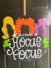 Load image into Gallery viewer, Halloween Witch Caldron Door Hanger- Hocus Pocus Door Decor-Spooky-Fall-Wreath-wood cut out-hand painted door hanger - DoorBadges