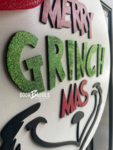 Load image into Gallery viewer, Merry Grinchmas Round door hanger, Winter Christmas Snow  wood cut out hand painted door hanger - DoorBadges