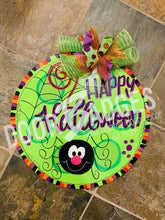 Load image into Gallery viewer, Halloween Spider Door Hanger- Spider Door Decor-Spooky-Fall-Wreath-wood cut out-hand painted door hanger - DoorBadges