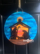 Load image into Gallery viewer, Christmas Nativity 18" door hanger, Winter Christmas Snow wood cut out hand painted door hanger - DoorBadges