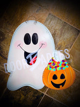 Load image into Gallery viewer, Halloween Ghost with Candy Door Hanger- Ghost Door Decor-Spooky-Fall-Wreath-wood cut out-hand painted door hanger - DoorBadges