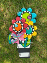 Load image into Gallery viewer, Funky Flowers in a pot door hanger, spring flower, summer flower - DoorBadges