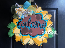 Load image into Gallery viewer, Sunflower with Leaves Door Hanger - Pumpkin Decor  -  Fall Door Hanger - Sunflower Wreath - DoorBadges