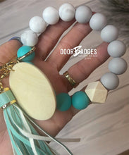 Load image into Gallery viewer, Wood/Silicone Bead Stretchy Keychain with Tassel and Engraved Charm | Custom Personalized Keychain | Bracelet Keychain Wristlet | Stocking Stuffer - DoorBadges