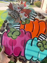Load image into Gallery viewer, Funky Fall Pumpkin Trio Door Hanger - Leopard - Fall - Autumn - harvest - Thanksgiving -  pumpkin - thankful - cut out hand painted door hanger - DoorBadges