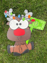 Load image into Gallery viewer, Goofy Reindeer with sign Door Hanger - Winter Door Decoration - DoorBadges