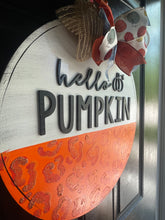 Load image into Gallery viewer, Hello Pumpkin Round Door Hanger - Hello Fall Pumpkin Decor  -  Fall Door Hanger - Pumpkin Wreath - DoorBadges