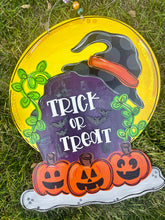 Load image into Gallery viewer, Trick or Treat Tombstone Door Hanger- Ghost Door Decor-Spooky-Fall-Wreath-wood cut out-hand painted door hanger - DoorBadges