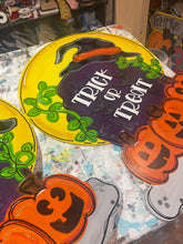 Load image into Gallery viewer, Trick or Treat Tombstone Door Hanger- Ghost Door Decor-Spooky-Fall-Wreath-wood cut out-hand painted door hanger - DoorBadges