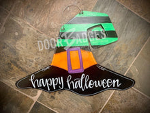 Load image into Gallery viewer, Halloween Witch Hat Door Hanger- Witch Door Decor-Spooky-Fall-Wreath-wood cut out-hand painted door hanger - DoorBadges
