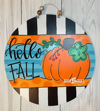 Load image into Gallery viewer, Hello Fall Pumpkin Round Door Hanger - Pumpkin Decor  -  Fall Door Hanger - Pumpkin Wreath - DoorBadges