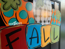 Load image into Gallery viewer, Fall Three Pumpkin Door Hanger - Fall - Autumn - harvest - Thanksgiving -  pumpkin - cut out hand painted door hanger - DoorBadges