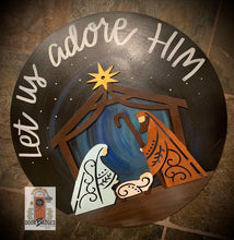 Load image into Gallery viewer, Christmas Nativity 18" door hanger, Winter Christmas Snow wood cut out hand painted door hanger - DoorBadges