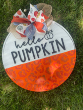 Load image into Gallery viewer, Hello Pumpkin Round Door Hanger - Hello Fall Pumpkin Decor  -  Fall Door Hanger - Pumpkin Wreath - DoorBadges