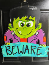 Load image into Gallery viewer, Halloween Frankie Door Hanger - Spooky-Fall-Wreath-wood cut out-hand painted door hanger - DoorBadges