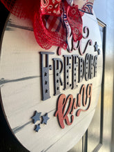 Load image into Gallery viewer, Let Freedom Ring Patriotic Doorhanger - 3D Summer Farmhouse door decor - wooden hand painted doorhanger - DoorBadges