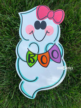 Load image into Gallery viewer, Halloween Ghost with Boo Banner Door Hanger- Ghost Door Decor-Spooky-Fall-Wreath-wood cut out-hand painted door hanger - DoorBadges