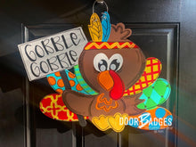 Load image into Gallery viewer, Turkey Door Hanger- Thanksgiving Pilgrim Door Decor-Turkey-Fall-Wreath-wood cut out-hand painted door hanger - DoorBadges
