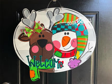 Load image into Gallery viewer, Reindeer and Santa door hanger, Winter Christmas Snow wood cut out hand painted door hanger - DoorBadges