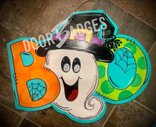 Load image into Gallery viewer, Halloween Boo Door Hanger- Ghost Door Decor-Spooky-Fall-Wreath-wood cut out-hand painted door hanger - DoorBadges
