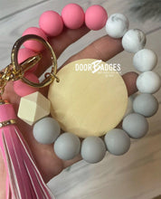 Load image into Gallery viewer, Wood/Silicone Bead Stretchy Keychain with Tassel and Engraved Charm | Custom Personalized Keychain | Bracelet Keychain Wristlet | Stocking Stuffer - DoorBadges