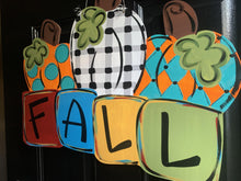 Load image into Gallery viewer, Fall Three Pumpkin Door Hanger - Fall - Autumn - harvest - Thanksgiving -  pumpkin - cut out hand painted door hanger - DoorBadges