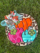 Load image into Gallery viewer, Funky Fall Pumpkin Trio Door Hanger - Leopard - Fall - Autumn - harvest - Thanksgiving -  pumpkin - thankful - cut out hand painted door hanger - DoorBadges
