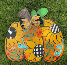 Load image into Gallery viewer, Sunflower Fall Pumpkin Door Hanger - Fall - Autumn - harvest - Thanksgiving -  pumpkin - thankful - cut out hand painted door hanger - DoorBadges