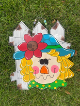 Load image into Gallery viewer, Fall Scarecrow with Fence Door Hanger - DoorBadges