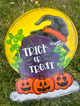 Load image into Gallery viewer, Trick or Treat Tombstone Door Hanger- Ghost Door Decor-Spooky-Fall-Wreath-wood cut out-hand painted door hanger - DoorBadges