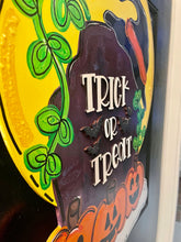Load image into Gallery viewer, Trick or Treat Tombstone Door Hanger- Ghost Door Decor-Spooky-Fall-Wreath-wood cut out-hand painted door hanger - DoorBadges