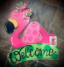 Load image into Gallery viewer, Flamingo door hanger - Summer door decor - hand painted personalized door hanger - DoorBadges