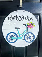 Load image into Gallery viewer, Welcome Bicycle Round 3D Doorhanger - 3D Summer door decor - wooden hand painted doorhanger - DoorBadges