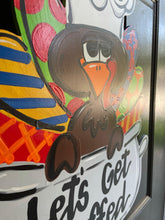 Load image into Gallery viewer, Turkey in a Pot Door Hanger - Fall - Autumn - harvest - Thanksgiving - wood cut out hand painted door hanger - DoorBadges