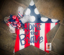 Load image into Gallery viewer, Home of the Brave Star wood cut out hand painted door hanger - DoorBadges