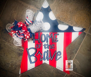 Home of the Brave Star wood cut out hand painted door hanger - DoorBadges