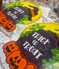 Load image into Gallery viewer, Trick or Treat Tombstone Door Hanger- Ghost Door Decor-Spooky-Fall-Wreath-wood cut out-hand painted door hanger - DoorBadges