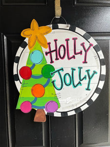 Funky Christmas Tree Round door hanger, Winter Christmas Snow hand painted door hanger - DoorBadges