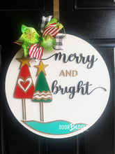 Load image into Gallery viewer, Merry and Bright 18" door hanger, 3D Winter Christmas Snow wood cut out hand painted door hanger - DoorBadges